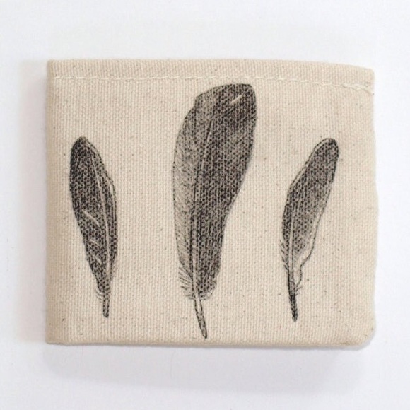 Canvas Wallet hand drawn feathers illustration beige tan small mens bifold - Picture 2 of 4